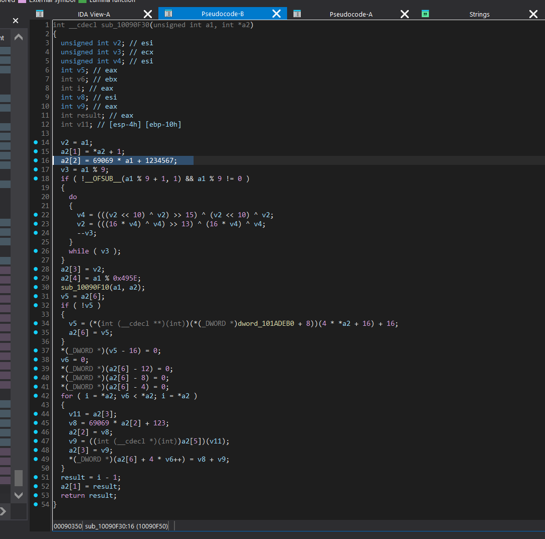 IDA Pro decompiler view of sub_10090F30 — MT4IC PRNG type 5 initialization showing 69069 * a1 + 1234567 constant, seed % 9 warm-up loop, and seed % 0x495E carry init