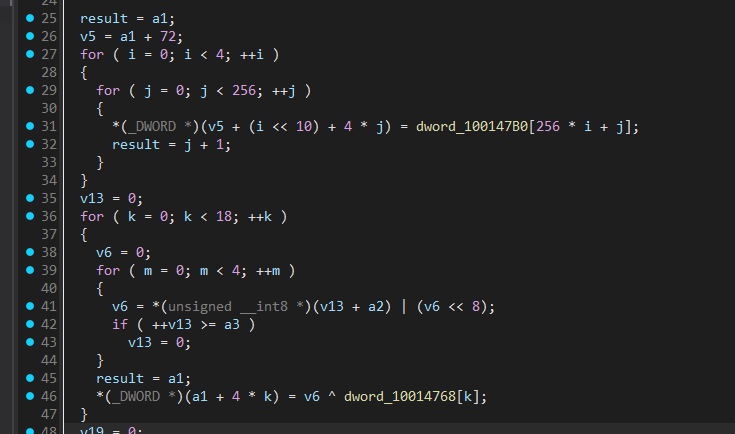 IDA Pro Hex-Rays decompiler view of the top of sub_10007D90 in ixed.8.1.win: a nested loop copying dword_100147B0 into the S-boxes, followed by a loop that builds a 32-bit word from the key bytes and XORs it against dword_10014768 to produce each P-array entry.